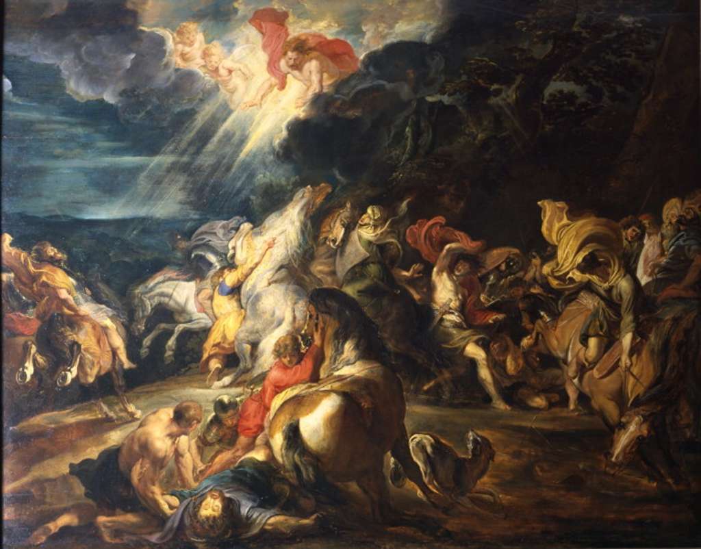 Courtauld 12 Peter Paul Rubens - Conversion of Saint Paul 12. Peter Paul Rubens - The Conversion of Saint Paul. 1610-1612, 95 x 121 cm. This painting of the dramatic scene offers the viewer an almost bird�s eye perspective of the startled entourage and St Paul. The body of St Paul is horizontal to the picture plane and is being dragged by his panicked horse as his companions try to rescue him.